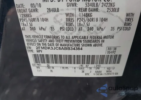 2010 Ford Edge Sel from USA, damaged, VIN 2FMDK3JC8ABB34384